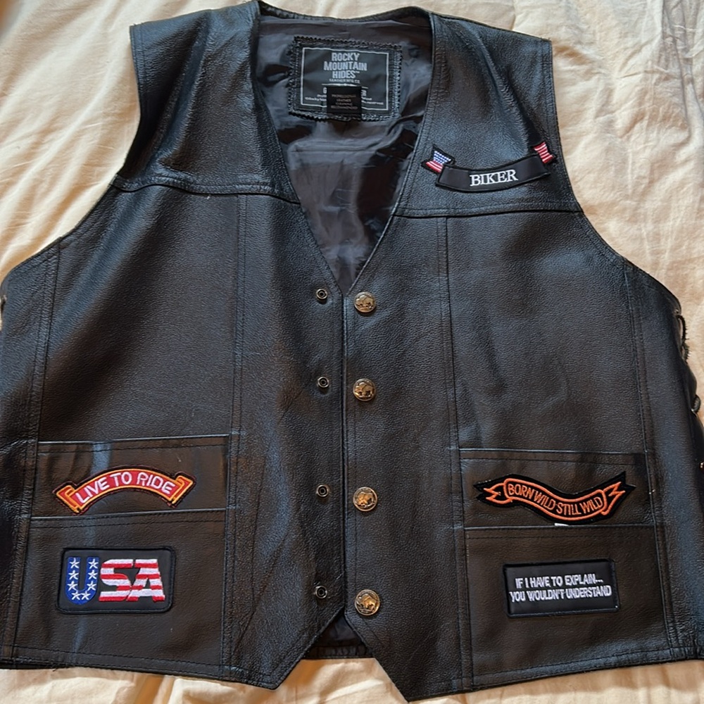 Black Leather Motorcycle Vest with Patriotic Embroidery